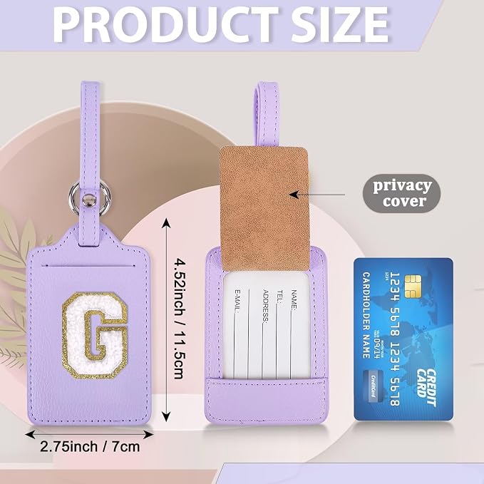 Personalized Initial Luggage Tags for Suitcases, Leather Chenille Letter Cute Luggage Tags with Privacy Name Card, Embroidered Travel Bag Backpack Tag Gifts for Women Kids Girls Teens(Purple-G) - Image 2