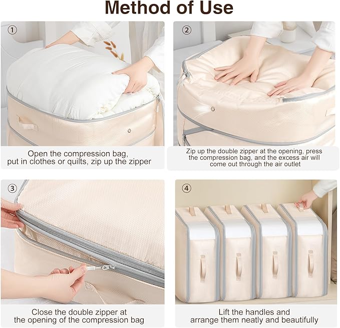 Homsorout 6 Pack Compression Storage Bags - 110L Large Capacity Comforter Storage Bag, 3-Layer Washable Ultra Space Saving Self Compression Organizer Space Bags for Blankets, Sweaters, Sheets, Beige