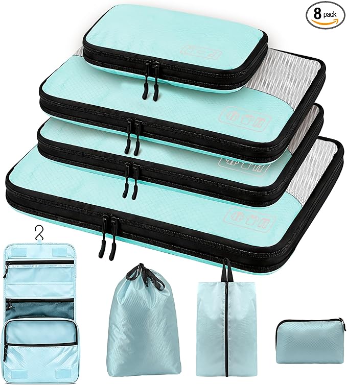 Compression Packing Cubes Set, Versatile 8pc Travel Essential Packing System- Lightweight Travel Organizers for Family & Business Travel, Space Save for Backpack, Duffel & Suitcase- Blue