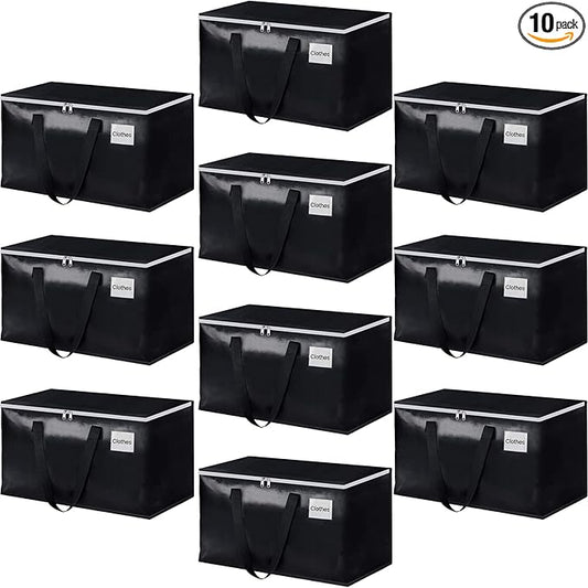 StorageRight Heavy Duty Moving Boxes-Moving Bags with Zipper, Reinforced Handles and Tag Pocket-Collapsible Moving Supplies-Totes for Storage Great for moving, Storage and Travel 93L(Black-10 Pack)