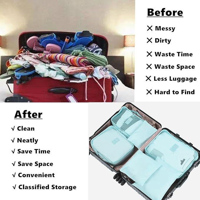 6 Pack Packing Cubes Compression - Travel Cubes for Carry on Suitcases - Travel Storage Bags, Luggage Organizer with Laundry Pouch, Travel Packing Organizers Bag for Clothes Storage Bag - Blue