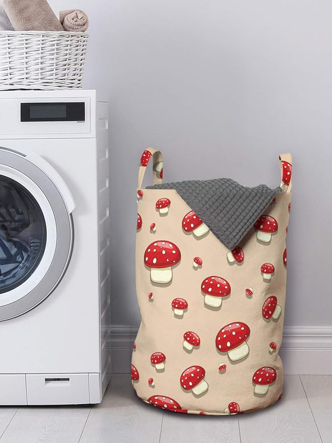 Ambesonne Mushroom Laundry Bag, Woodland Themed Illustration of Spotted Toadstool Summer Season Forest Cartoon, Hamper Basket with Handles Drawstring Closure for Laundromats, 13" x 19", Ivory Red