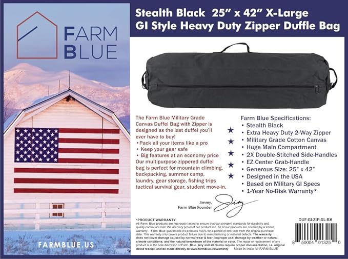 Farm Blue GI Style Zipper Duffel Bag Black - XL Heavy Duty Army Duffle Bags - Military Grade Cotton Canvas Duffle Bag - Reinforced Camping Bag - Strong Zipper & Center Grab Handle (Black, XL)