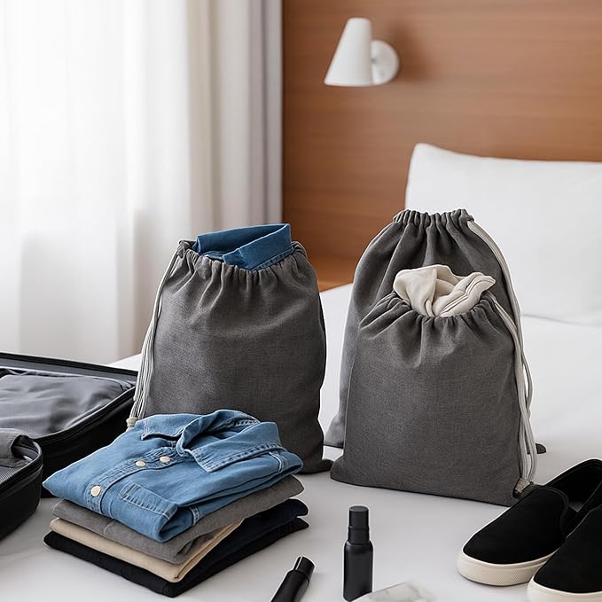 Bigso Box of Sweden Travel Laundry Bags | Large & Small Clothing Dirty Laundry Travel Storage Bags w/Drawstring Closure | Clothes Organizer for Packing | 14.2"x18.9" & 10.2"x14.2" | Set of 2 | Gray