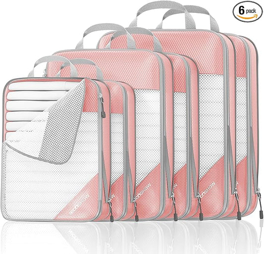 NICOSHOW Compression Packing Cubes 6 Set, Compressible Space-Saving Packing Cubes for Travel - Compression Bags, Luggage Organizer, Travel Essentials for Women, Pink
