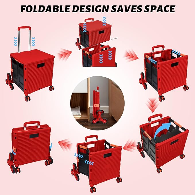 FELICON SELORSS Folding Utility Cart Portable Rolling Crate Handcart with Stair Climbing Wheels&360°Swivel Wheels Telescoping Handle Plastic Box Dolly for Travel Shop Move Office Teacher Use(Red)