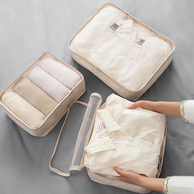8 Set Packing Cubes for Suitcases, INVODA Travel Luggage Packing Organizers with Laundry Bag, Compression Storage Shoe Bag, Clothing Underwear Bag (Beige)