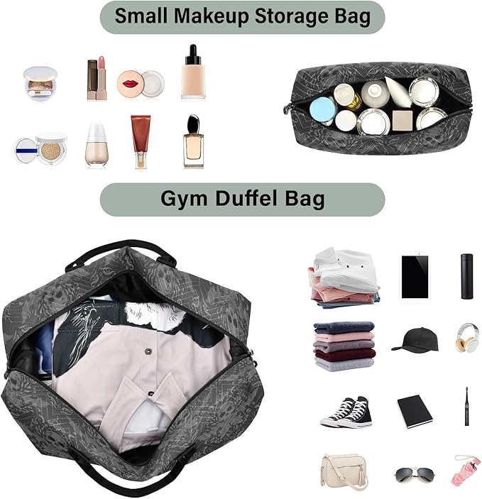 Gothic Skull Quilted Travel Bags Weekender Duffle Bags With Toiletry Bag Carry on Overnight Duffels Yoga Gym Bag for Airplanes Business Sports