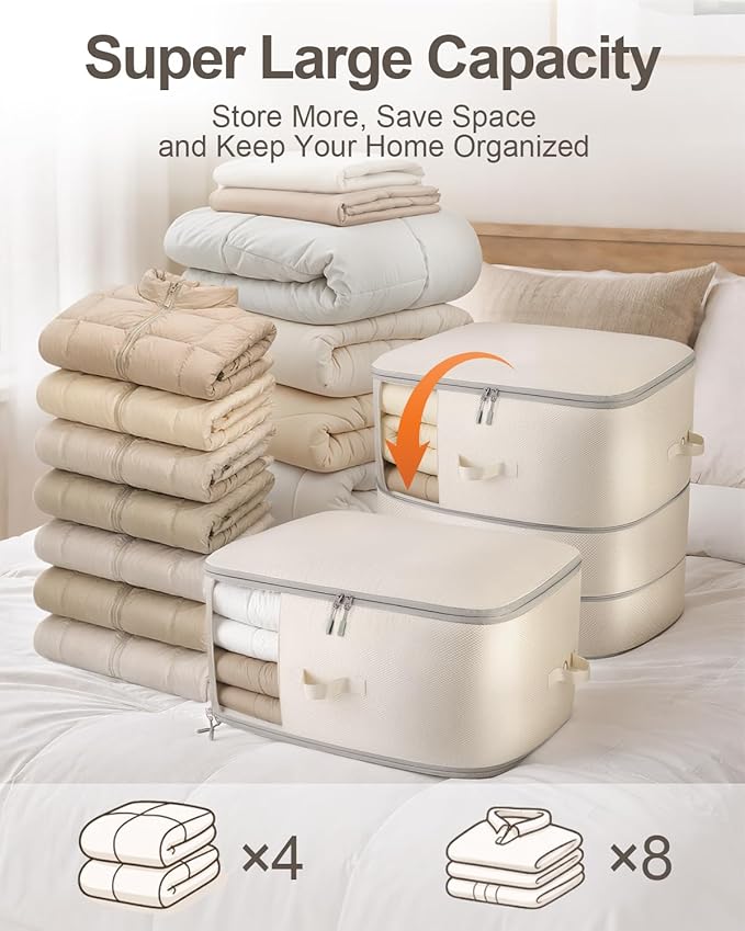 Comforter Storage Bag - 3-Layer 2-Pack Self Compression Organizer, Closet Organizers and Storage, Under Bed Space Saver, Blanket Organizer for Bedding, Pillow, Sheet, Clothes, Nursery Use