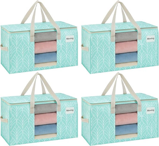 VENO 4 Pack Heavy Duty Moving Bags, Clothes and Comforter Storage Bags with Clear Window, College Dorm Essentials Packing Supplies, Foldable Boxes Alternative (Evergreen, 4 Pack)