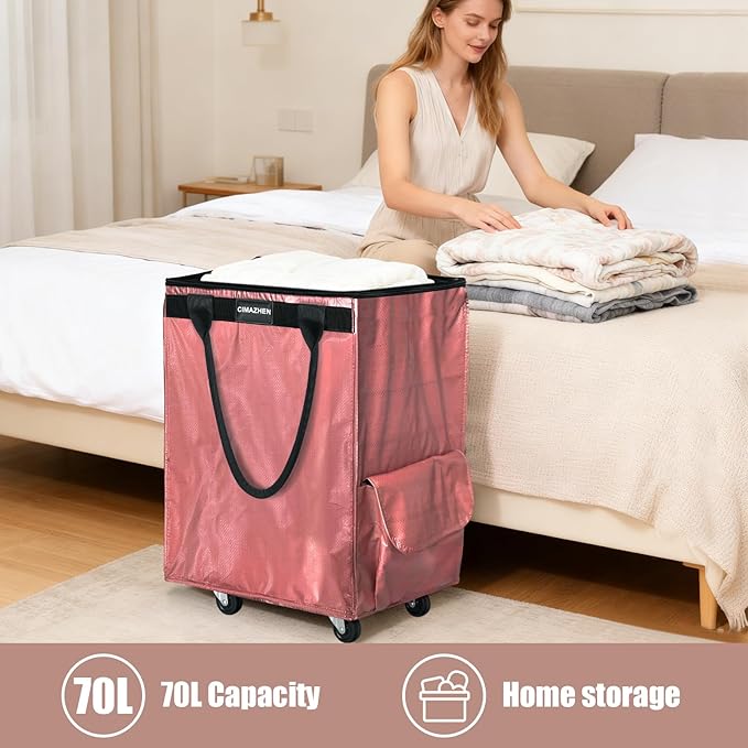 (Medium,Pink) Reusable Grocery Bag on 4 Wheels, Foldable Rolling Tote Bag with 3 Handles and Zipper, Storage Organizer for Groceries, Rolling Shopping Cart for Travel, 76lb