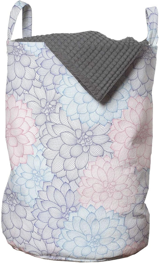 Ambesonne Dahlia Laundry Bag, Stripy Hand-Drawn Dahlia Pale Colored Blossoms in Pink Purple and Blue, Hamper Basket with Handles Drawstring Closure for Laundromats, 13" x 19", Blush