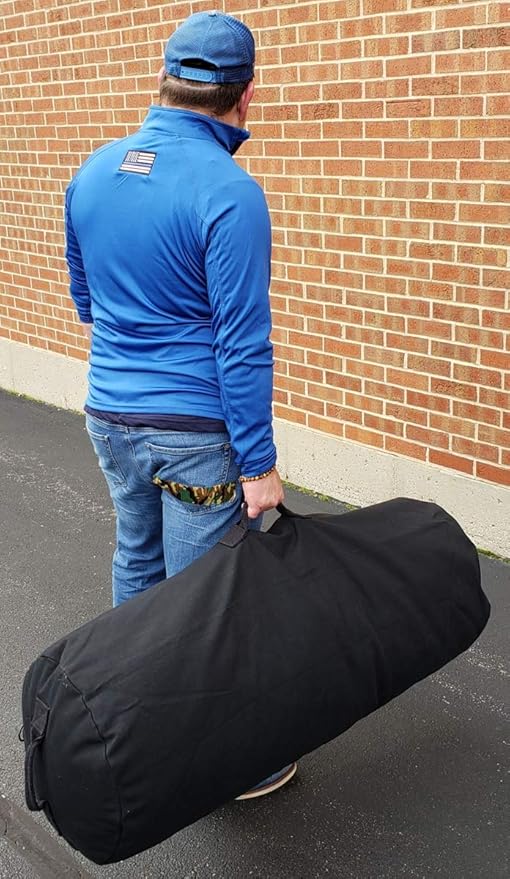 Farm Blue GI Style Zipper Duffel Bag Black - XL Heavy Duty Army Duffle Bags - Military Grade Cotton Canvas Duffle Bag - Reinforced Camping Bag - Strong Zipper & Center Grab Handle (Black, XL)
