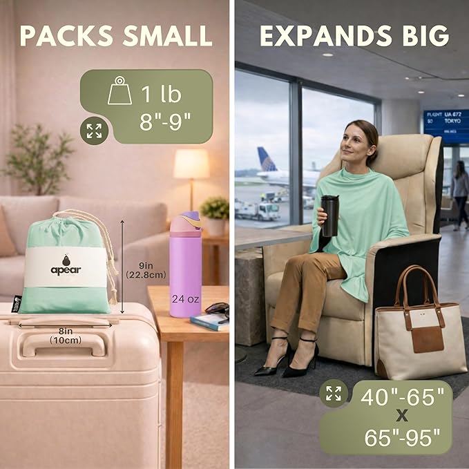 16-in-1 Compact Travel Blanket with Bag – Reversible, Ultra Soft Bamboo Airplane Blanket with Hidden Pocket – Packable for Flights & Travel Essentials (Semi-Weighted, Double Layer)