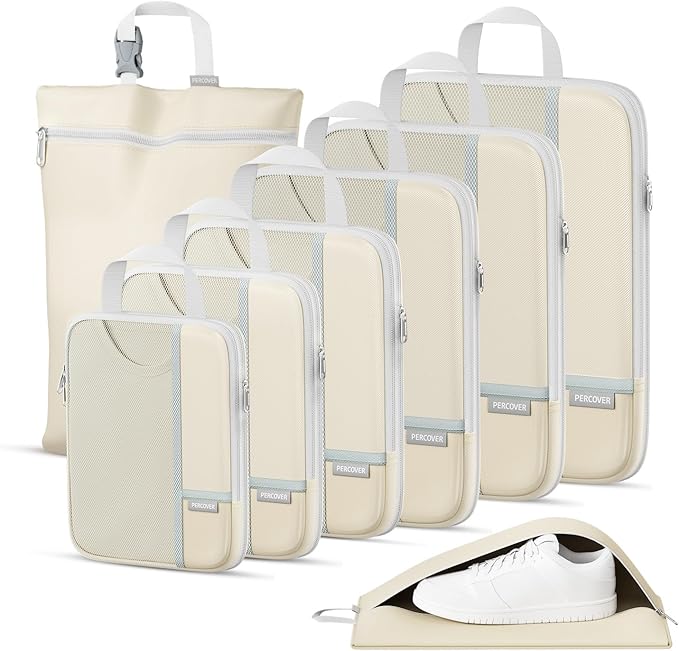 Percover Compression Packing Cubes for Travel, 8-Piece Structured Compression Organizer Set with Laundry Bag & Shoe Bag for Carry-On & Checked Luggage, Beige