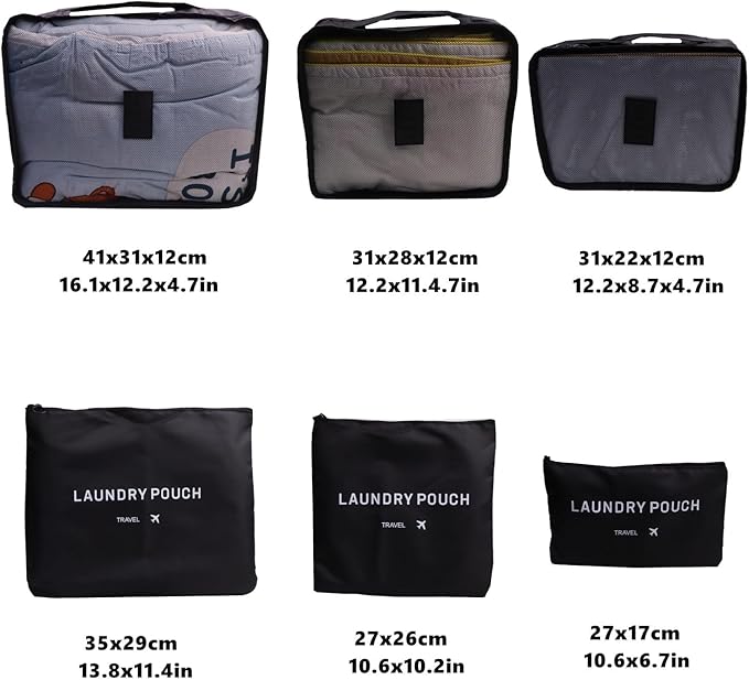 6 Pack Travel Organizer with Laundry Pouch, Electronics & Compression Storage Bags, Clothing & Underwear Pouch, Luggage Organizer for Backpack & Carry On Suitcase - Black