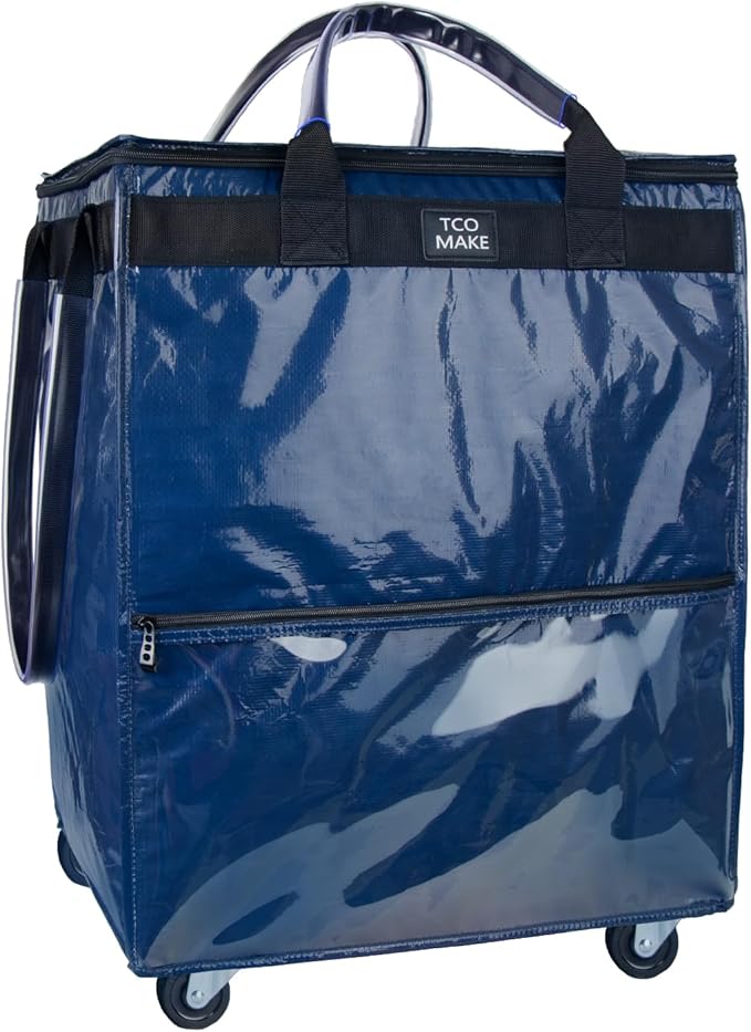 (Large, Dk Blue) Reusable Grocery Bag on Wheels, Shopping Bags with Wheels and Handle, Folding Rolling Tote, Zipper Cover, Carries Up to 76 LBS, for Laundry, Picnic