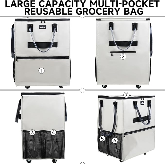 Reusable Grocery Bag On Wheels, Foldable Rolling Tote with 6 Pockets & 3-Way Carry, Heavy Duty Handles, Zippered Top for Groceries, Laundry, Storage, Small, Beige