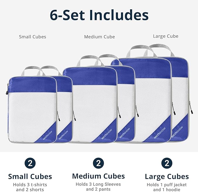 NICOSHOW Compression Packing Cubes 6 Set, Compressible Space-Saving Packing Cubes for Travel - Compression Bags, Luggage Organizer, Travel Essentials for Women, Royal Blue