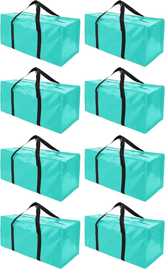 PANDA JOYS 8 Pack Extra Large Moving Bags with Zippers & Carrying Handles, Heavy-Duty Storage Tote for Space Saving Moving Storage, Fold Flat, Alternative to Box and Bin,Aquamarine