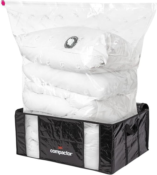 Compactor Vacuum Storage Bag with Semi-Rigid Box, Closet Organizer, Vacuum Seal Bags for Clothing and Bedding, Fits All Vacuum and Nozzle Types, 210L, Parissiene Black, XXL