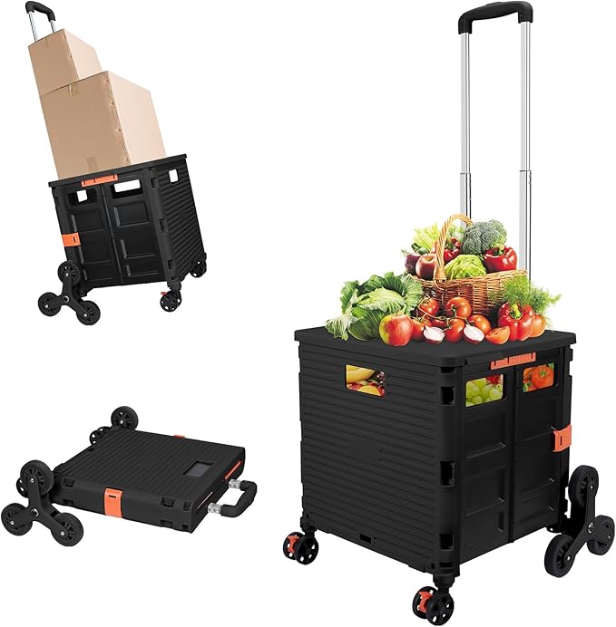 FELICON SELORSS Folding Utility Cart Portable Rolling Crate Handcart with Stair Climbing Wheels&360°Swivel Wheels Telescoping Handle Plastic Box Dolly for Travel Shop Move Office Teacher Use(Black)