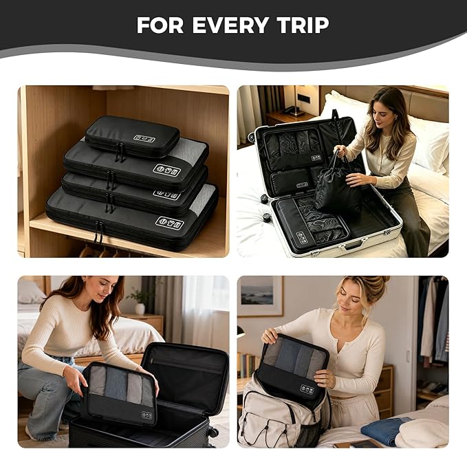 8-Piece Compression Packing Cubes for Travel, Ultralight Sleek Luggage Organizer Set for Business Trips & Frequent Travelers, Space Saving for Carry-On & Suitcase - Black