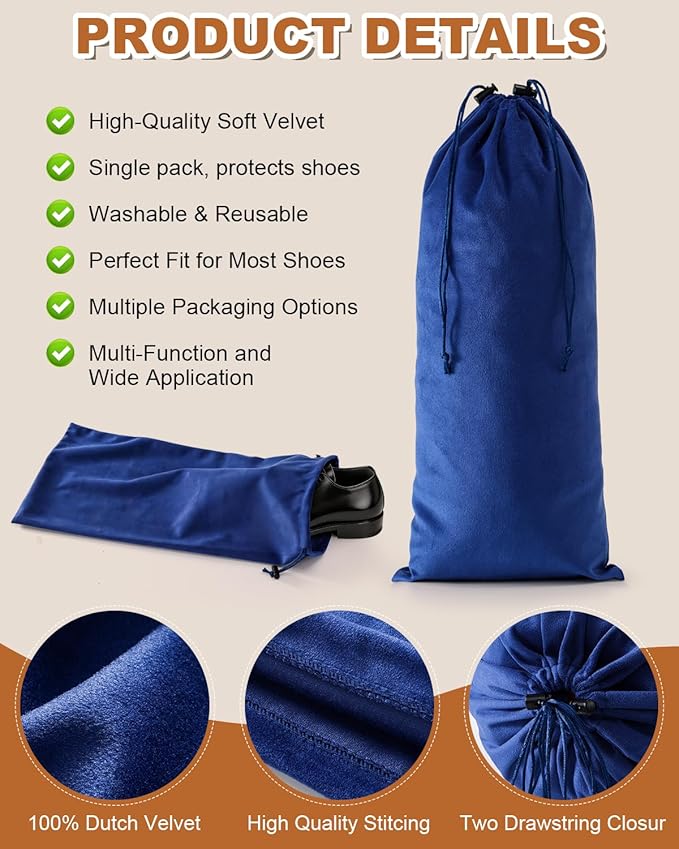 2 Pcs Single Shoe Bags for Travel, 17.3"x8.6" Washable Travel Shoe Bags for Packing in Suitcase, Velvet Dust Bag with Drawstring, Shoe Pouch for Women and Men, Travel and Home Storage(Palace Blue)