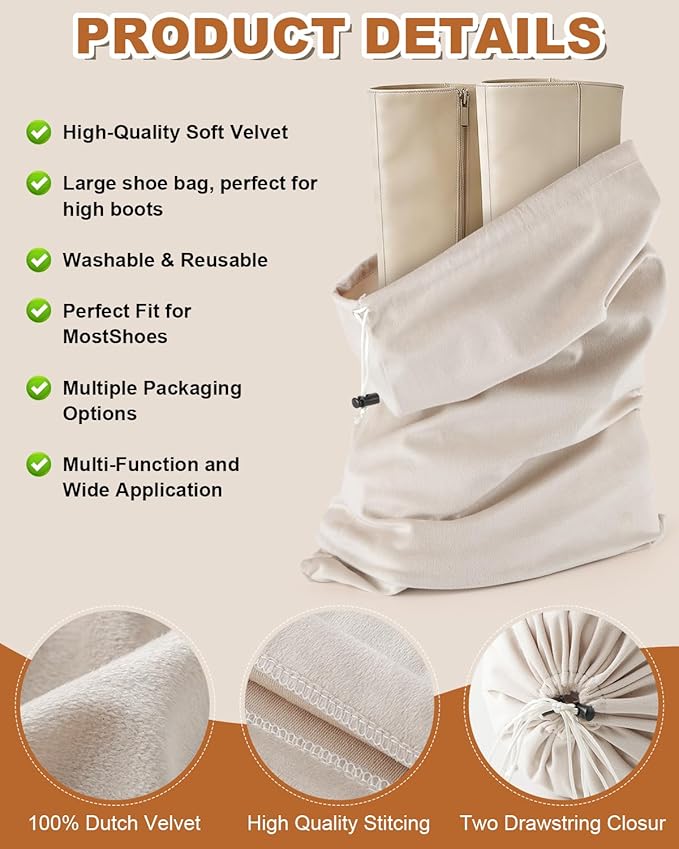 4 Pcs Shoe Bags for Travel, 21.2"x13.3" Large Boot Bags for Cowboy Boots, Washable Velvet Dust Bag with Drawstring for Dress Shoes, Handbags and Clothing, Suitable for Travel and Home Storage