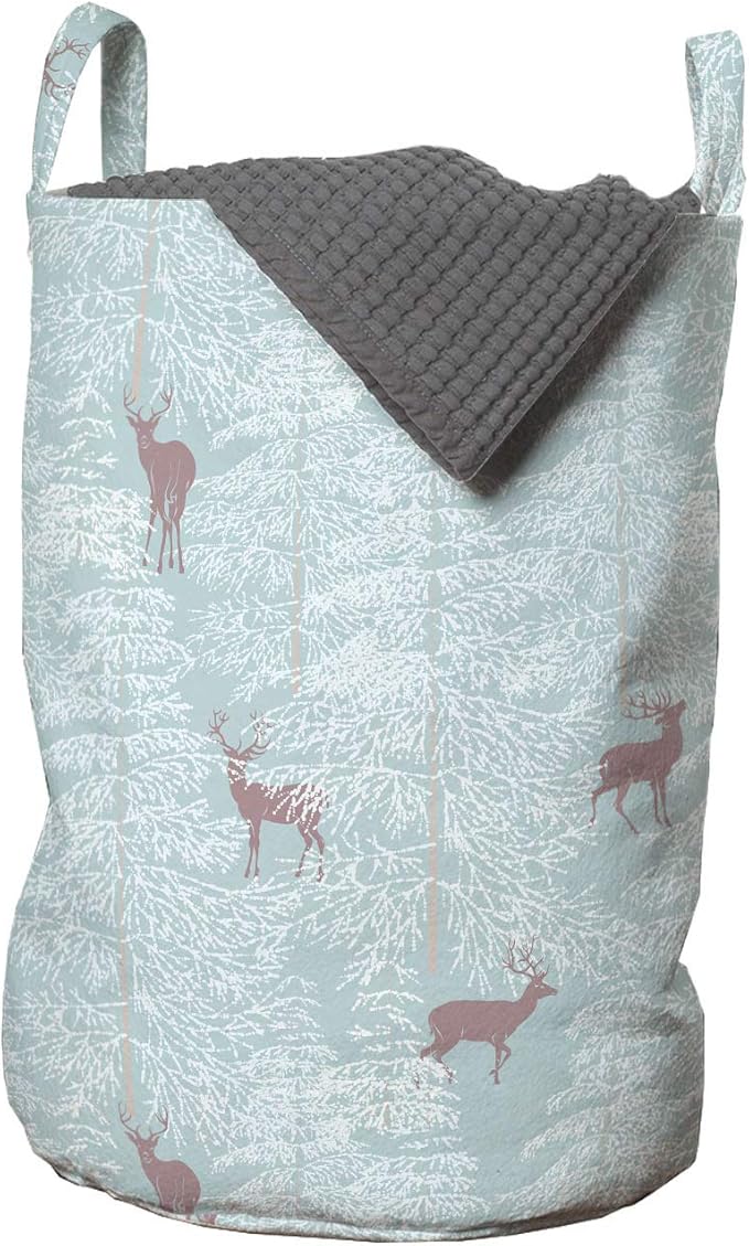 Ambesonne Deer Laundry Bag, Winter Forest Background with Reindeer Abstract Fir Tree Pattern Snowy Nature, Hamper Basket with Handles Drawstring Closure for Laundromats, 13" x 19", Rose Bluegrey