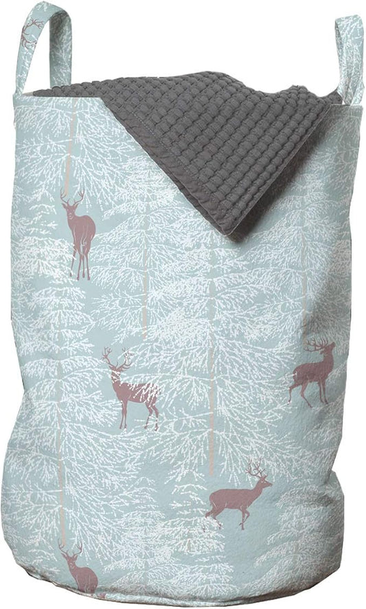 Ambesonne Deer Laundry Bag, Winter Forest Background with Reindeer Abstract Fir Tree Pattern Snowy Nature, Hamper Basket with Handles Drawstring Closure for Laundromats, 13" x 19", Rose Bluegrey