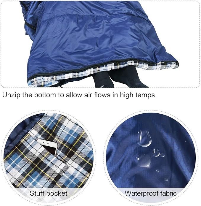 REDCAMP Flannel Sleeping Bag for Adults, Comfortable Cotton Envelope Sleeping Bags for Camping, Backpacking, Hiking, with Detachable Hood&Compression Sack, Blue/Red/Grey/Black
