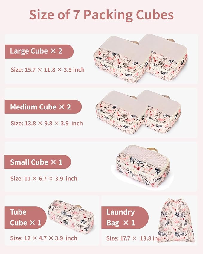 Narwey 7 Set Packing Cubes for Travel, Durable Packing Organizers for Kids Women Men, Carry on Luggage Travel Essentials Accessories (Beige Flamingo)