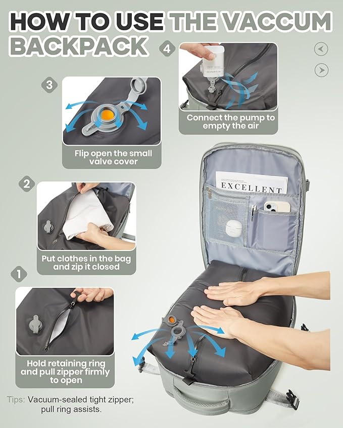 WONHOX Vacuum Seal Travel Backpack with Air Pump,Compression Vacpack Waterproof Carry On Backpack for Travel Women Men with Vacuum System Approved Daypack Airlines Laptop Space Saver Bags GrassGreen