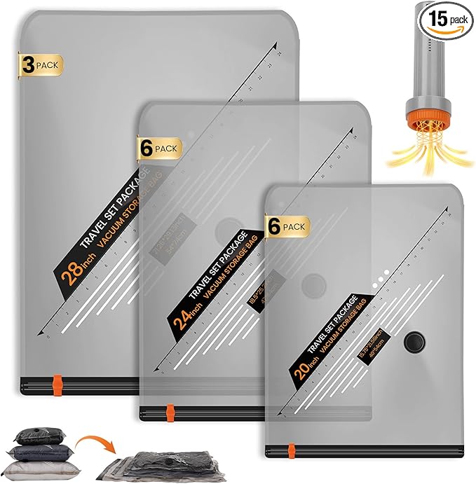 Vacuum Storage Bags Rechargeable Wireless Pump - 15 Pack Travel Storage Bags，Travel & Home Organizer Set, Multi-Size Space-Saving Bags, Perfect for Closet Luggage Bedding Clothing Storage