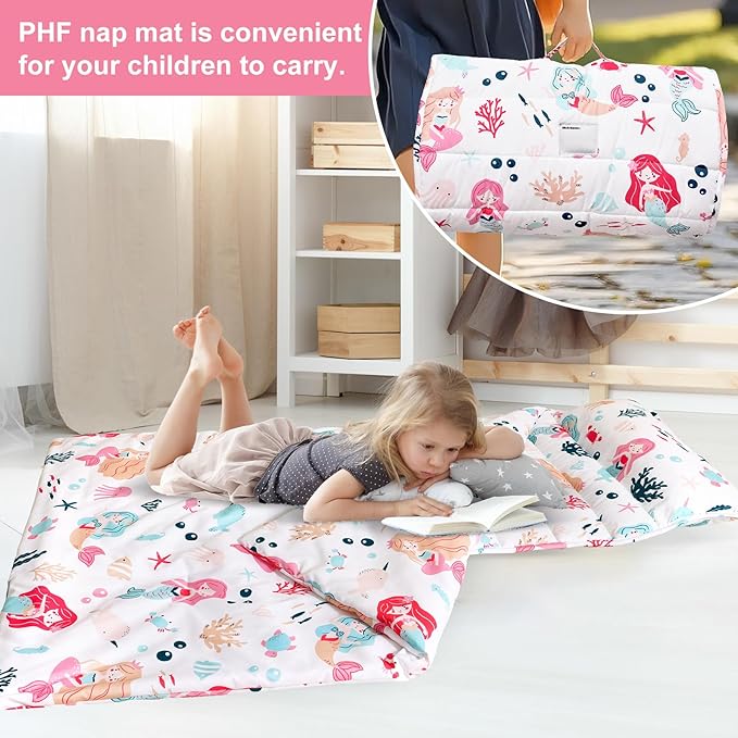 PHF Mermaid Toddler Nap Mat Set, with Removable Pillow for Toddler Girls, Soft and Lightweight for Daycare, Preschool, Travel, Kindergarten Sleeping Bag, Fits Ages 3-6 Years, Mermaid