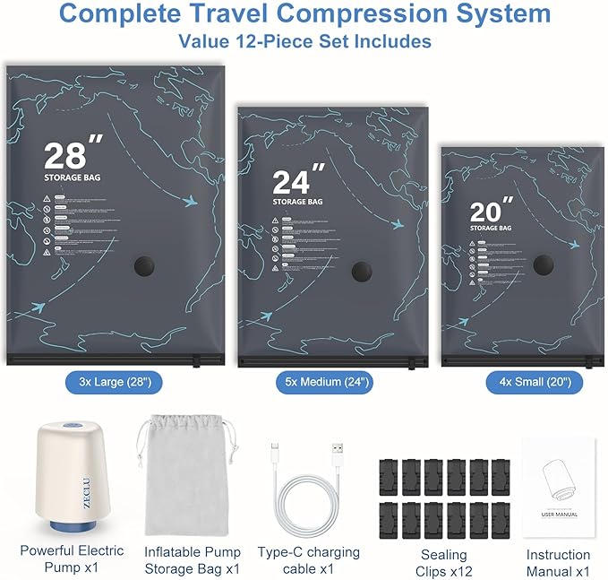 12 Pack Vacuum Seal Bags for Clothing Travel with Electric Air Pump, Packing Cubes Compression for Luggage, Home Storage, Airplane Travel Essentials