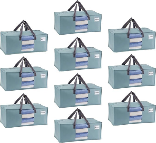 VENO 10 Pack Heavy Duty Moving Bags, Packing Bags with Clear Window, Alternative to Moving Boxes, Storage Bins for Clothes, Blankets, Comforters, College Dorm Essentials (Light Blue Matte,10 Pack)