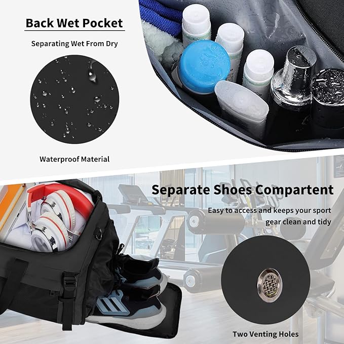 Extra Large Sports Gym Bag, Travel Duffel bag with Wet Pocket & Shoes Compartment for men women, 85L, Lightweight （Black）