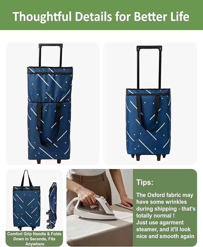 Foldable Rolling Bag, Portable Small Shopping Cart with Wheels, Collapsible Shopping Tote with Stylish Pattern for market & Grocery Runs–Gift for Women & Seniors, Pro L, white