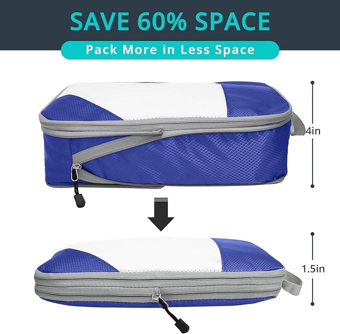 NICOSHOW Compression Packing Cubes 6 Set, Compressible Space-Saving Packing Cubes for Travel - Compression Bags, Luggage Organizer, Travel Essentials for Women, Royal Blue