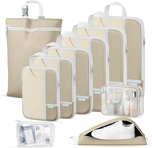 Percover Compression Packing Cubes for Travel, 10-Piece Structured Compression Organizer Set with Toiletry Bag, Laundry Bag & Shoe Bag for Carry-On & Checked Luggage, Camel