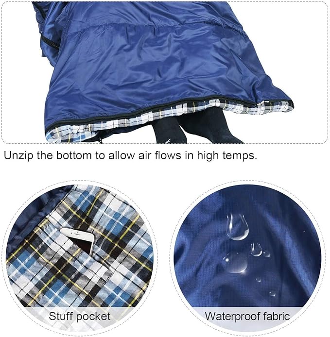 REDCAMP Flannel Sleeping Bag for Adults, Comfortable Cotton Envelope Sleeping Bags for Camping, Backpacking, Hiking, with Detachable Hood&Compression Sack, Blue/Red/Grey/Black