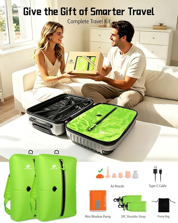 Zurligi Travel Vacuum Bag Kit with Wireless Pump, IPX8 Waterproof Durable, Airtight Heavy-Duty Zipper, Portable Reusable Compression Packing Cubes with Shoulder Strap for Travel, Moving, Home Storage
