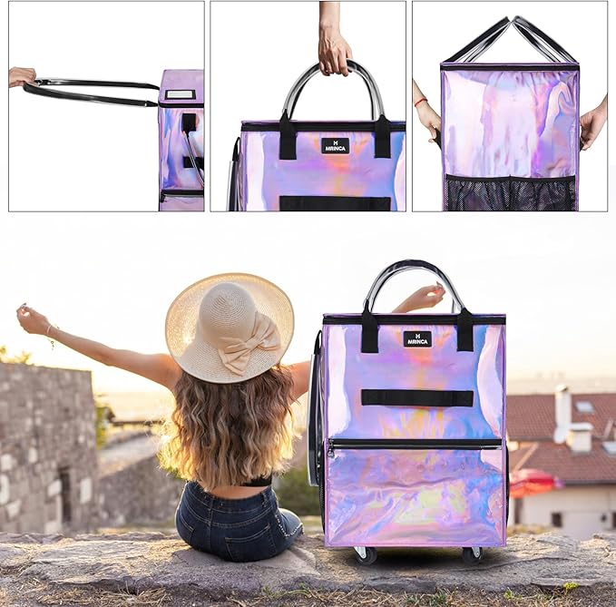 Large Reusable Grocery Bag On Wheels, 130L Large-Capacity Foldable Shopping Trolley, Lightweight with 5 Swivel Wheels, Multiple Pockets, Zippered Top & Heavy Duty Handles, for Shopping, Moving, Purple