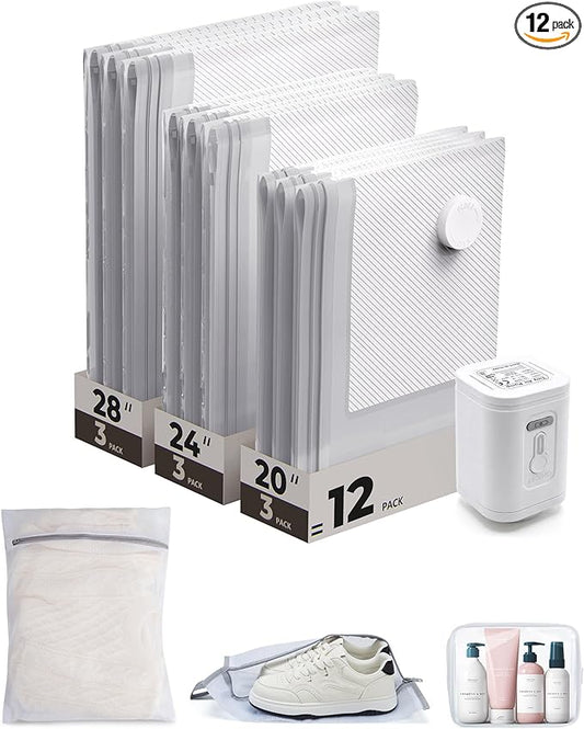 BAGSMART Vacuum Seal Storage Bags for Clothing Travel, 12 Pack Travel Essentials Bundle includes Laundry Bag & Waterproof Shoe Bag & TSA Approved Toiletry Bag, Hand Pump Included