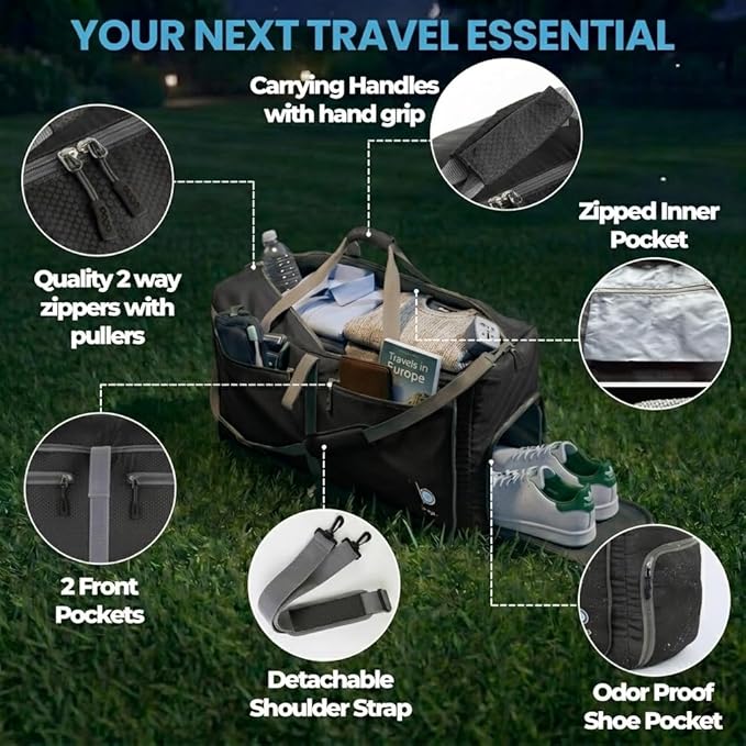 Bago Large Duffle Bag for Travel Women & Men. Durable Lightweight Foldable Travel Duffel Bags For Traveling Women. 80L Duffle Bags For Overnight Bag With Shoe Compartment Collapsible Weekender duffel