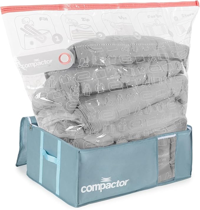 Compactor Vacuum Storage Bag with Semi-Rigid Box, Closet Organizer, Vacuum Seal Bags for Clothing and Bedding, Fits All Vacuum and Nozzle Types, 210L, Blue, XXL