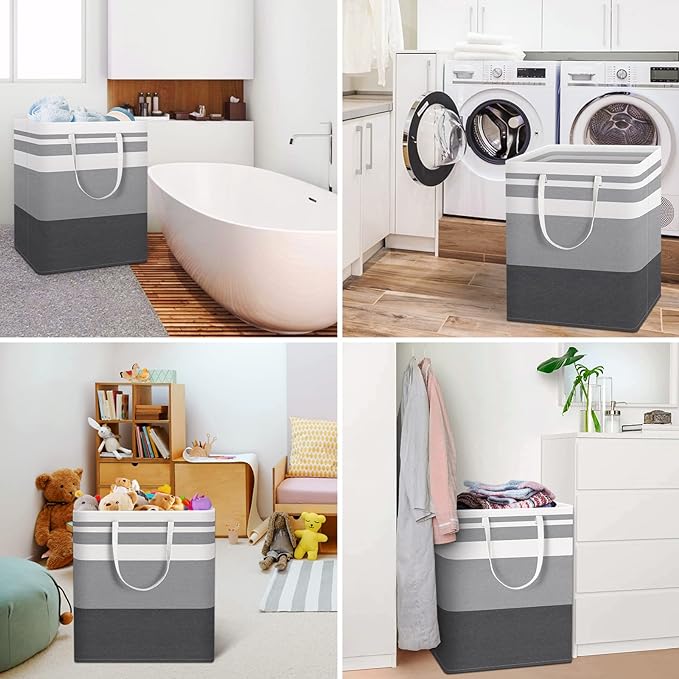 HomeHacks 4-Pack Large Laundry Basket, Waterproof, Freestanding Laundry Hamper, Collapsible Tall Clothes Hamper with Extended Handles for Clothes in the Dorm and Family-(Gradient Grey, 100L)