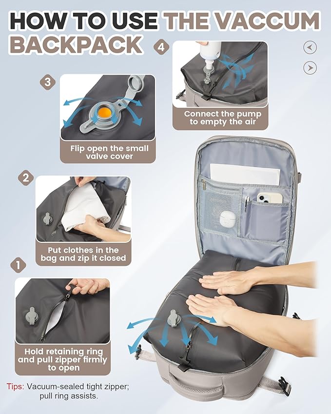 WONHOX Vacuum Seal Travel Backpack with Air Pump,Compression Vacpack Waterproof Carry On Backpack for Travel Women Men with Vacuum System,Airlines Approved Daypack Laptop Space Saver Bags,GreyBrown